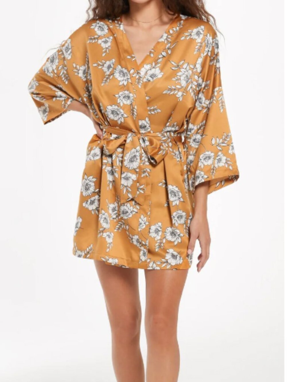 Z Supply Floral Satin Kimono Robe XS/S Mustard Gold Boho Tie Waist Loungewear - Picture 2 of 10